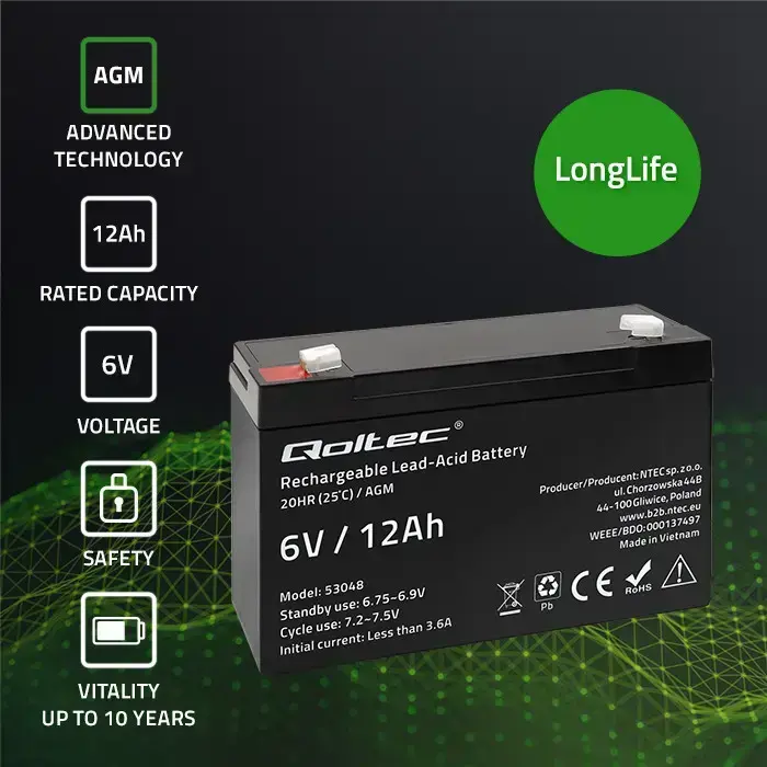 Qoltec  AGM battery | 6V | 12Ah | Maintenance-free | Efficient| LongLife | for UPS, scale, cash register Foto 3