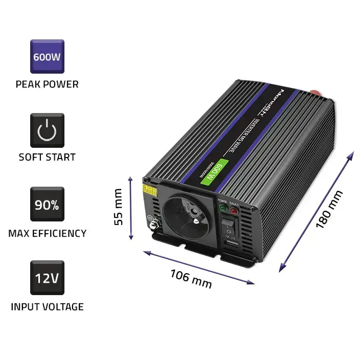 Qoltec Monolith voltage converter 600 MS Wave | 12V to 230V | 300/600W| USB Foto 4