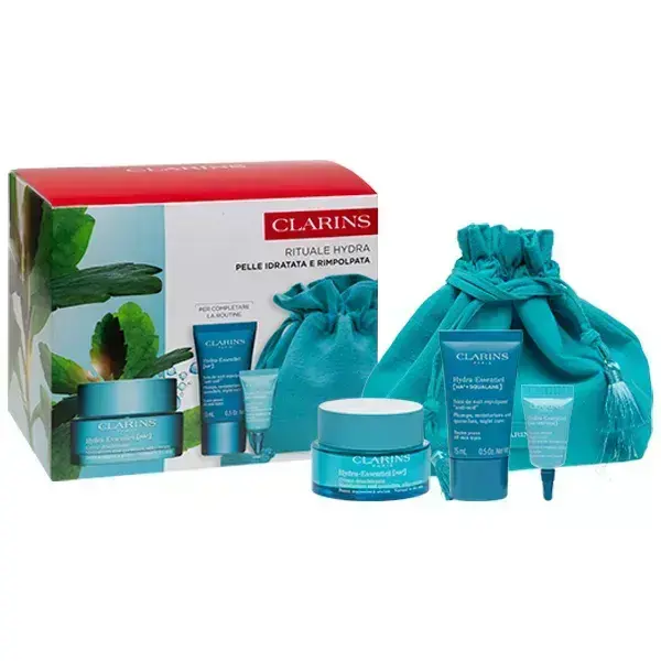 Set Clarins Hydra-Essentiel Face Cream 50ml + Face Mask 15ml + Lip Scrub 3ml + Cosmetic Bag