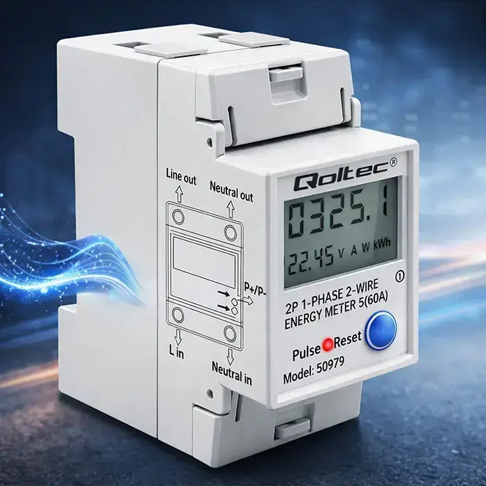 Qoltec Single-phase electronic energy consumption meter for DIN rail | RESET | periodic and continuous meter | 230V | 60A | LCD | LED | 2P Фото num