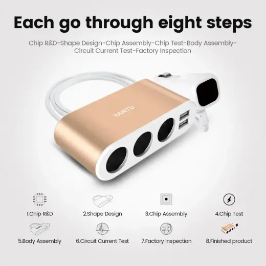 Car Cigarette Lighter Socket Splitter B08 - 3 sockets + 2xUSB - 3,1A 120W with display and cable gold Foto 5