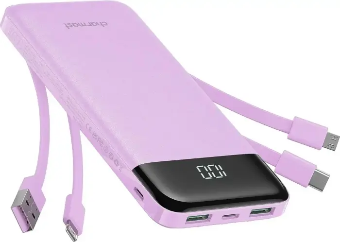 Внешний аккумулятор (powerbank) Charmast W1148 | 10 000 мА·ч | 15 Вт | USB-A, USB-C, Lightning, Micro USB | LED дисплей | фиолетовый
