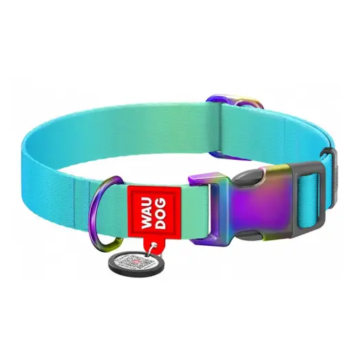 Nylon collar with QR code for Waudog gradient dog, blue , size L Photo