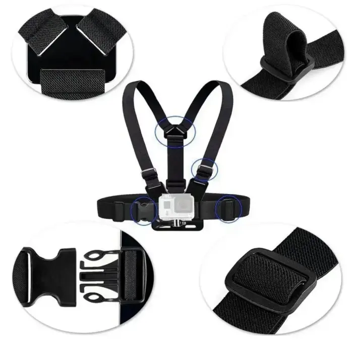 Adjustable harness for a sports camera with a rotating tripod and a phone stand Photo