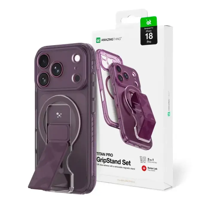 AmazingThing Titan Pro Lens Stand Set phone case with stand and MagSafe support for iPhone 18 Pro purple