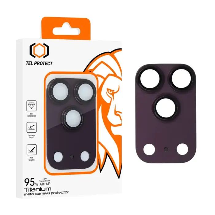 Tel Protect 95% AR+AF Full Metal kameras aizsargstikls telefonam iPhone 17 Pro violets