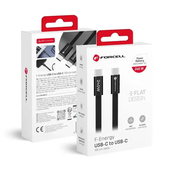 Forcell F-Energy Cafule Flat CCFN23 data transfer and charging cable | USB-C to USB-C | QC 4.0, PD | 240W | 1.2m | black