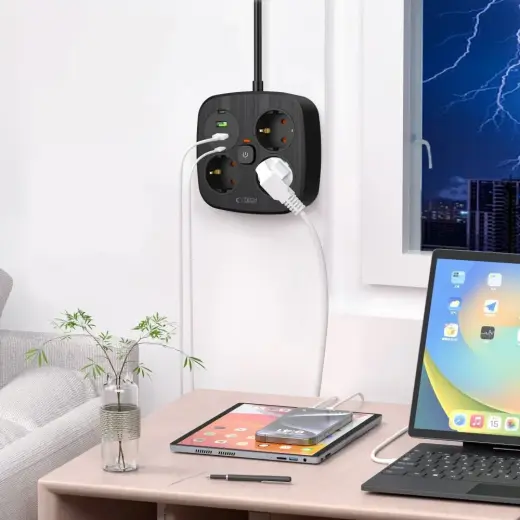 Tech-Protect PCS3X4 power strip, 3 sockets, 2xUSB-A, 2xUSB-C 200 cm - black Photo