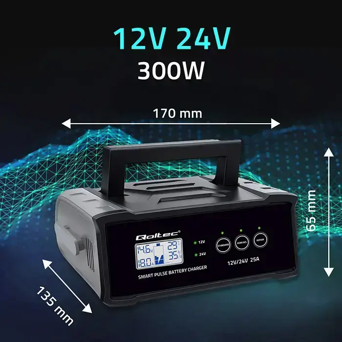 Qoltec Intelligent microprocessor charger 12V 24V 25A | Rectifier with repair function for AGM GEL SLA battery | LCD Foto 8