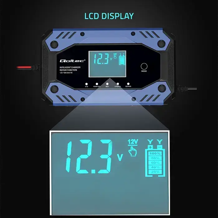 Qoltec Intelligent charger for STD AGM GEL LiFePO4 | Battery charger with repair function |12-24V |10A | LCD | 9 - stage charging Photo