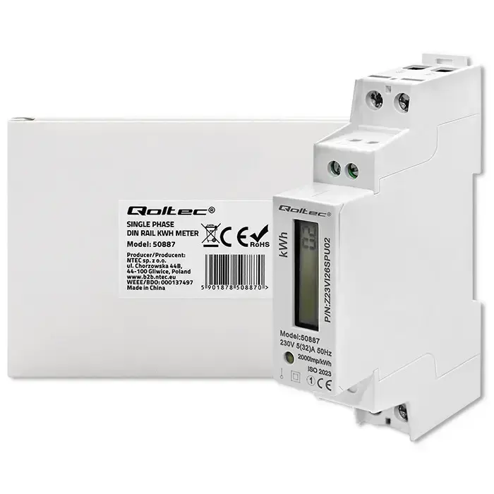 Qoltec Single-phase electronic energy meter | DIN rail | 230V | LCD | 1P | Slim Foto 6