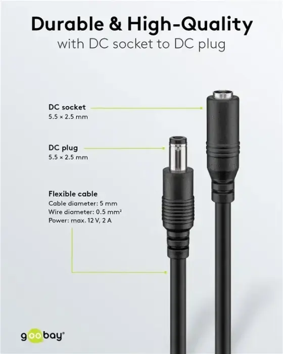 DC Extension Cable, 1.5m 5.5x2.5mm black  2x0.5 mm² max 24VDC 140W