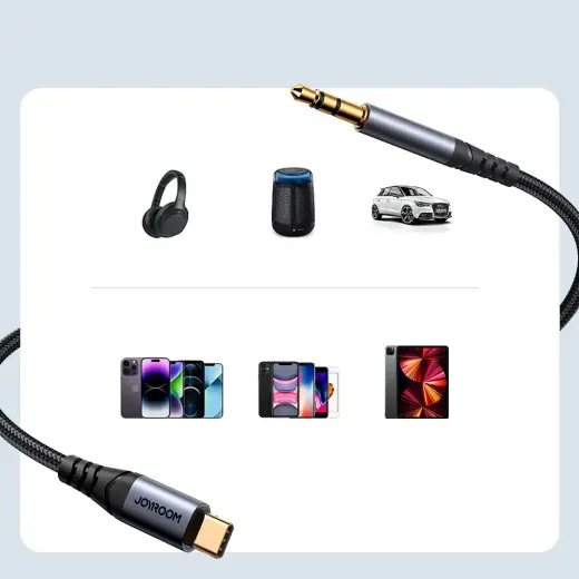 Joyroom stereo audio cable AUX 3.5 mm mini jack - USB-C for phone 1.2 m black (SY-A07) Photo