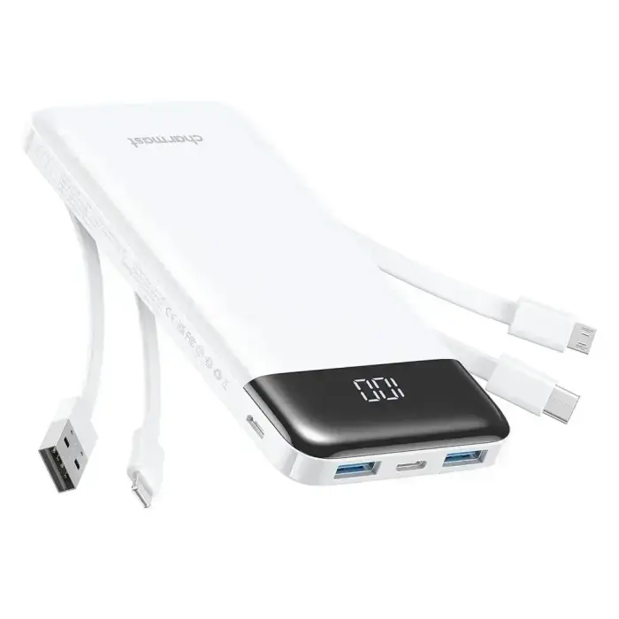 Внешний аккумулятор (powerbank) Charmast W1148 | 10 000 мА·ч | 15 Вт | USB-A, USB-C, Lightning, Micro USB | белый