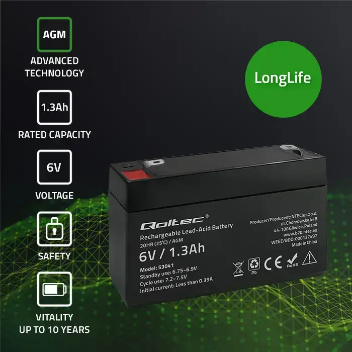 Qoltec AGM battery | 6V | 1.3Ah | Maintenance-free | Efficient| LongLife | for UPS, scale, cash register Foto 3