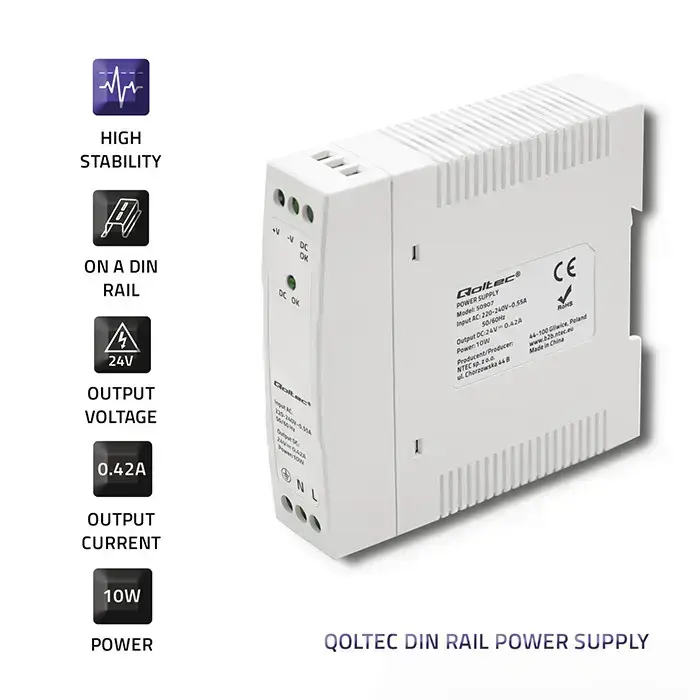 Qoltec DIN rail power supply | 10W | 24V | 0.42A | White | Slim Foto 4