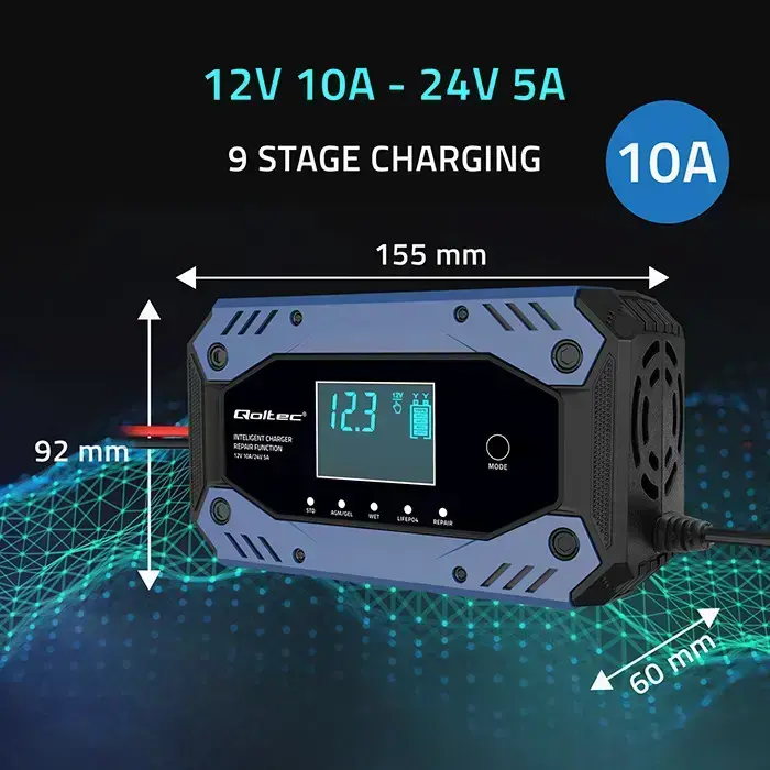 Qoltec Intelligent charger for STD AGM GEL LiFePO4 | Battery charger with repair function |12-24V |10A | LCD | 9 - stage charging Photo