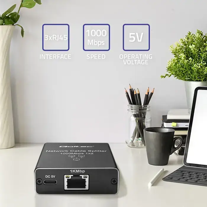 Qoltec Splitter mini SWITCH 1x2 port RJ45 | 1000Mbps | USB-C | Aluminium Foto 2