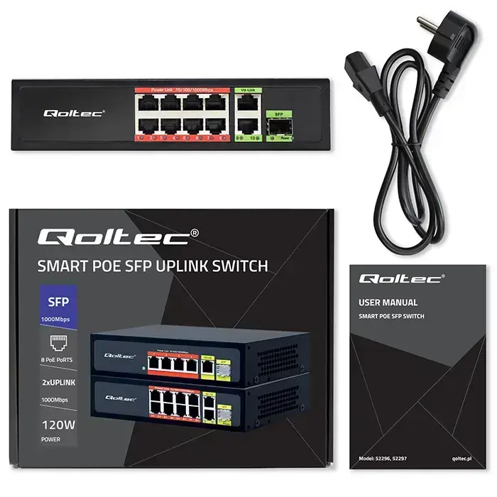 Qoltec FAST Ethernet PoE SWITCH 8x RJ45 PoE 2x RJ45 Uplink 1x SFP | 120W | 1000 Mb Foto 11