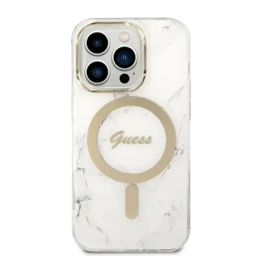 Zestaw Guess GUBPP14LHMEACSH Case+ Charger iPhone 14 Pro 6,1" biały|white hard case Marble MagSafe Фото num