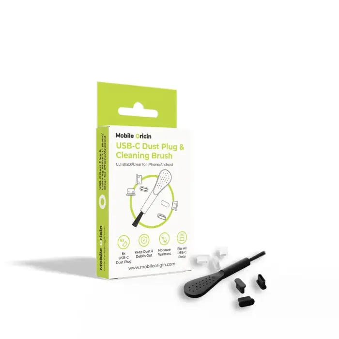 Mobile Origin USB-C Dust Plug & Cleaning Brush CL1 Black/Clear for iPhone/Android
