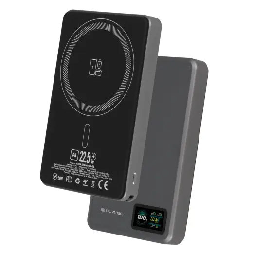 Blavec BJ-03 Slim ārējais akumulators (powerbank) | 10000 mAh | 22.5W | USB-C, MagSafe | LED ekrāns | pelēks Foto 2