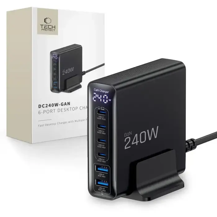 Зарядное устройство Tech-Protect DC240W-GaN | 240W | PD, QC, GaN | USB-C, USB-A | чёрное