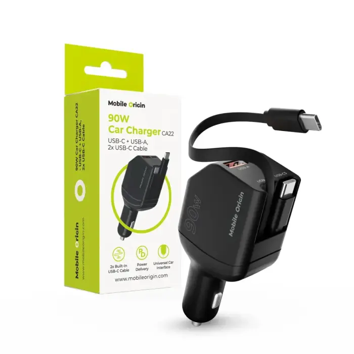 Mobile Origin 90W Car Charger CA22 - USB-C + USB-A, 2x USB-C Cable