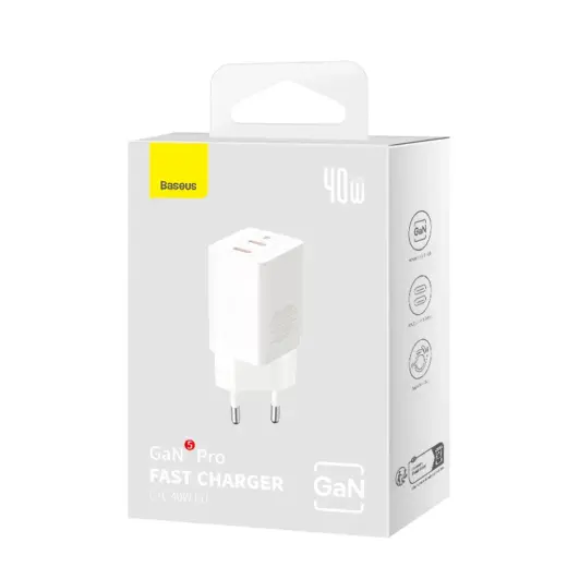 Baseus GaN5 Pro 40W 2xUSB-C Wall Charger - White Foto 7