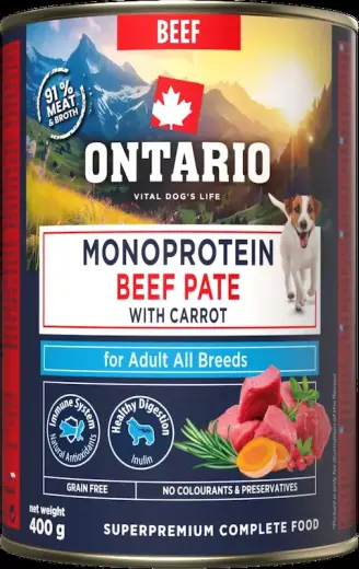 Konservi suņiem - Ontario Adult Monoprotein Beef Pate with Carrots 400g Foto 2