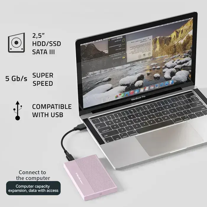 Qoltec Aluminium Enclosure | SSD HDD 2.5'' drive | SATA | USB 3.0 | Super speed 5Gb/s | 2TB | Pink Foto 2