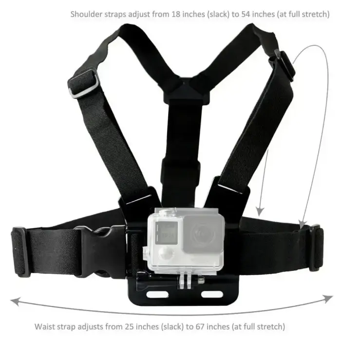 Adjustable harness for a sports camera with a rotating tripod and a phone stand Photo
