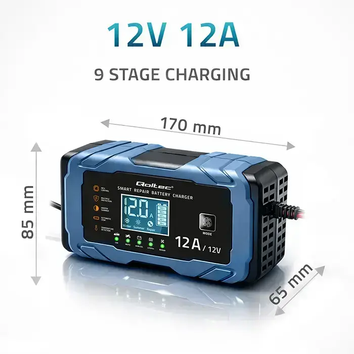 Qoltec Intelligent microprocessor charger 12V 12A | Rectifier with repair function | AGM GEL LiFePO4 | 9-stage charging  Photo