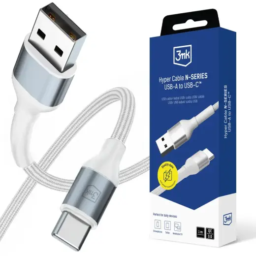3mk Hyper Cable N-SERIES USB-A | USB-C 1m 9V|2A 18W | white