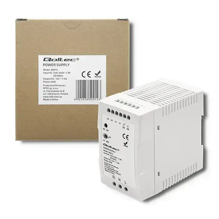 Qoltec DIN rail power supply | 90W | 12V | 7.5A | White | Slim