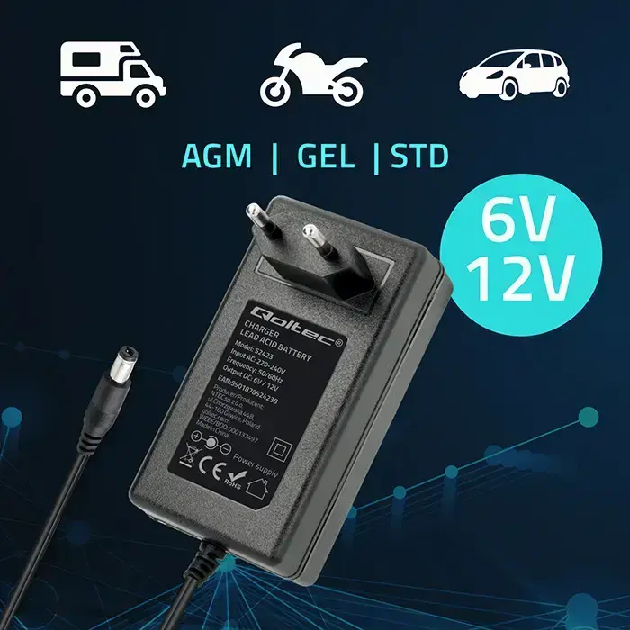Qoltec Automatic charger for AGM GEL STD 6V 12V battery | 1.5A | Rectifier with LED indicator Photo