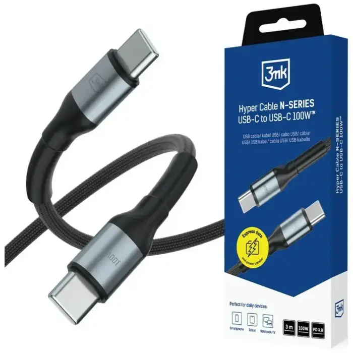 3mk Protection Hyper N-SERIES datu pārraides un uzlādes vads | USB-C uz USB-C | 100W | 3m | melns