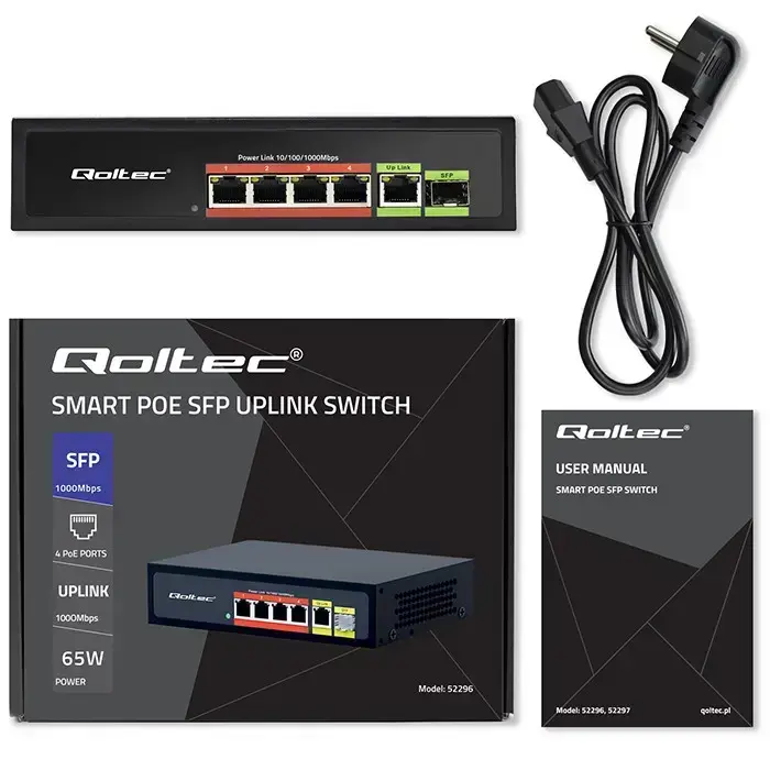 Qoltec FAST Ethernet PoE SWITCH 4x RJ45 PoE 1x RJ45 Uplink 1x SFP | 65W | 1000 Mb Foto 12
