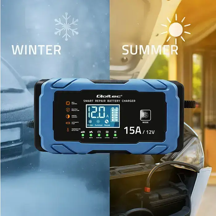 Qoltec Intelligent microprocessor charger 12V 15A | Rectifier with repair function | AGM GEL LiFePO4 | 9-stage charging  Photo