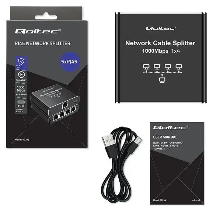 Qoltec Splitter Ethernet mini SWITCH 1x4 RJ45 | 1000Mb/s | USB-C | Aluminium Foto 14