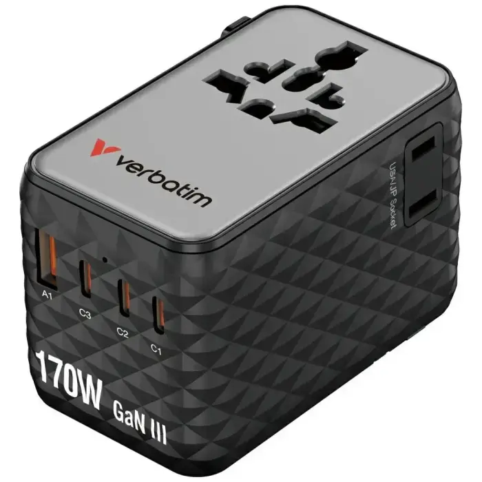 Verbatim Travel Adapter EU/UK/US GaN   1xUSB-A/3xUSB-C PD 170W black 30190