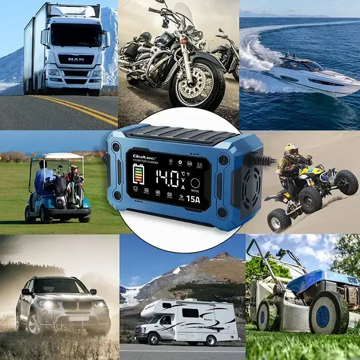 Qoltec Intelligent microprocessor charger 12V 15A | Rectifier with repair function and maintaining power supply during battery replacement | for AGM GEL LiFePO4 | LCD Foto 9