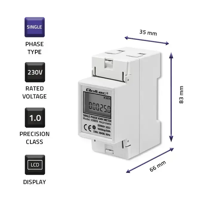 Qoltec Single phase electronic energy consumption meter | 230 V | LCD | 2P | DIN rail Фото num