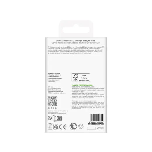 Puro PUCCC25W3MTWHI провод для передачи данных и зарядки | USB-C на USB-C | 25W | 3м | белый Фото num