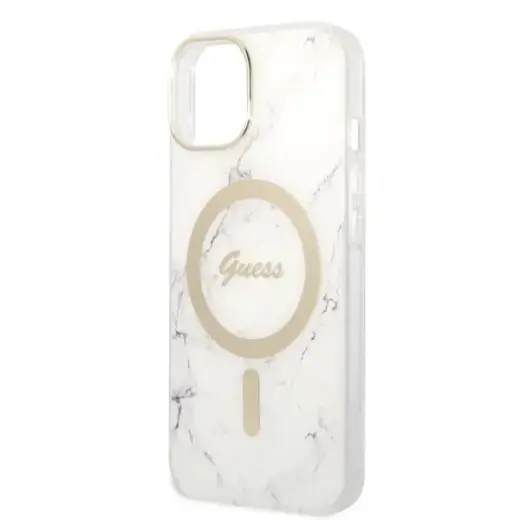 Zestaw Guess GUBPP14SHMEACSH Case+  Charger iPhone 14 | 15 | 13 6,1" biały|white hard case Marble MagSafe Фото num
