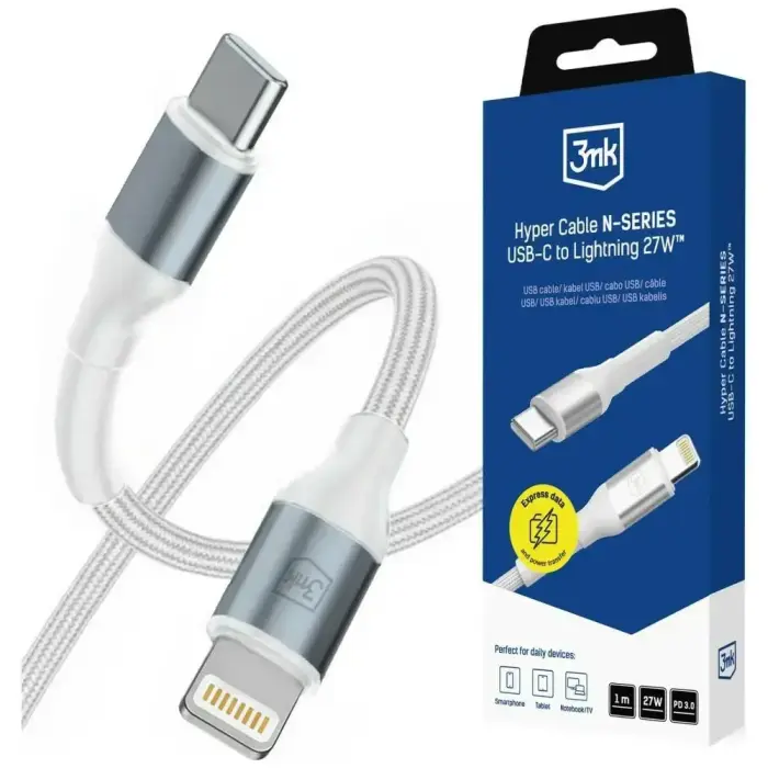 3mk Protection Hyper N-SERIES datu pārraides un uzlādes vads | USB-C uz Lightning | 27W | 1m | balts