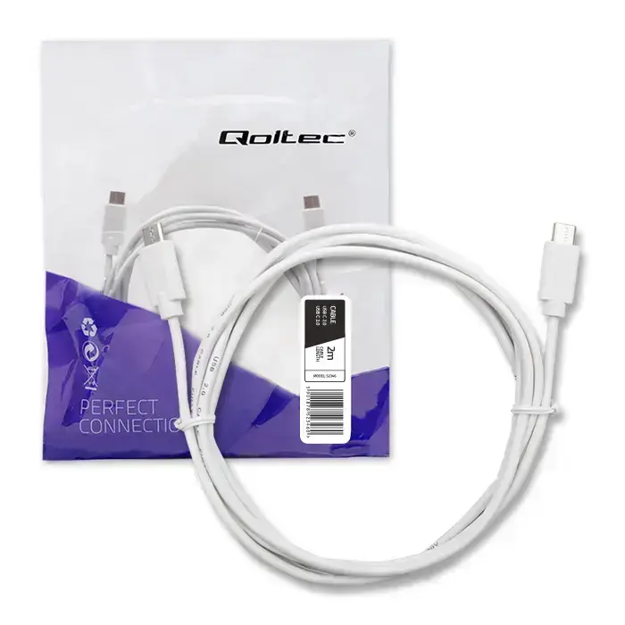 Qoltec datu pārraides un uzlādes vads | USB-C uz USB-C | 2m | balts