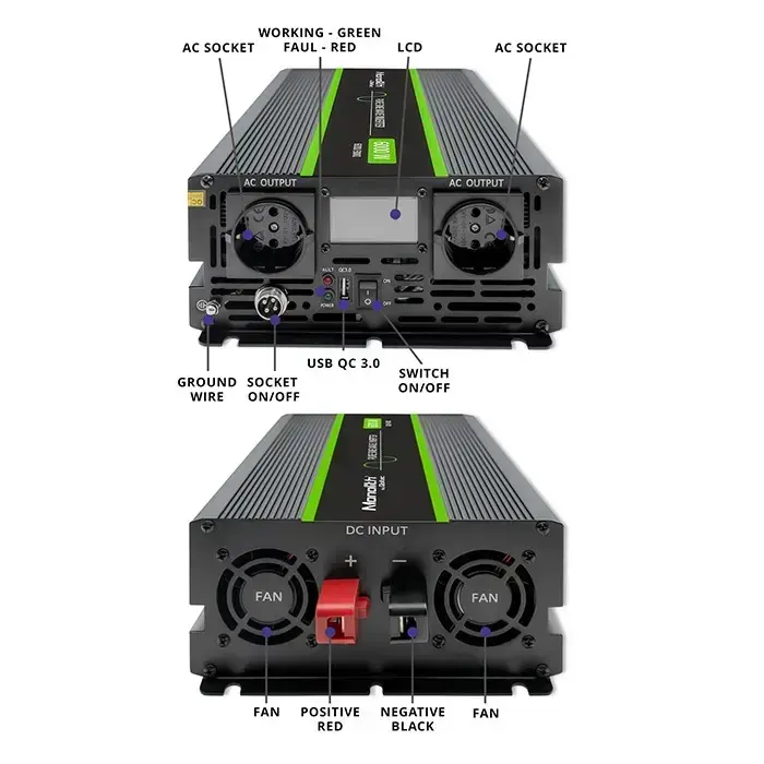 Qoltec Pure Sine Wave Inverter Monolith | 3000W | 6000W | 24V to 230V | LCD Foto 8