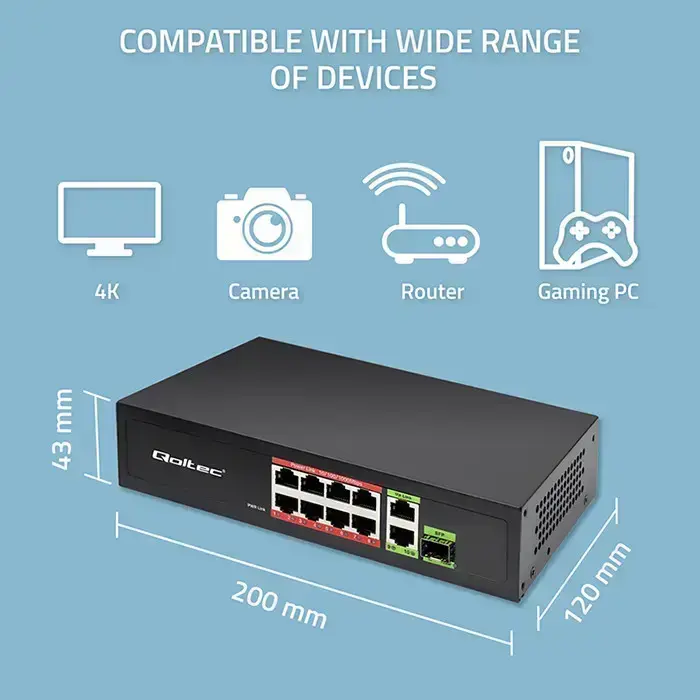 Qoltec FAST Ethernet PoE SWITCH 8x RJ45 PoE 2x RJ45 Uplink 1x SFP | 120W | 1000 Mb Foto 2