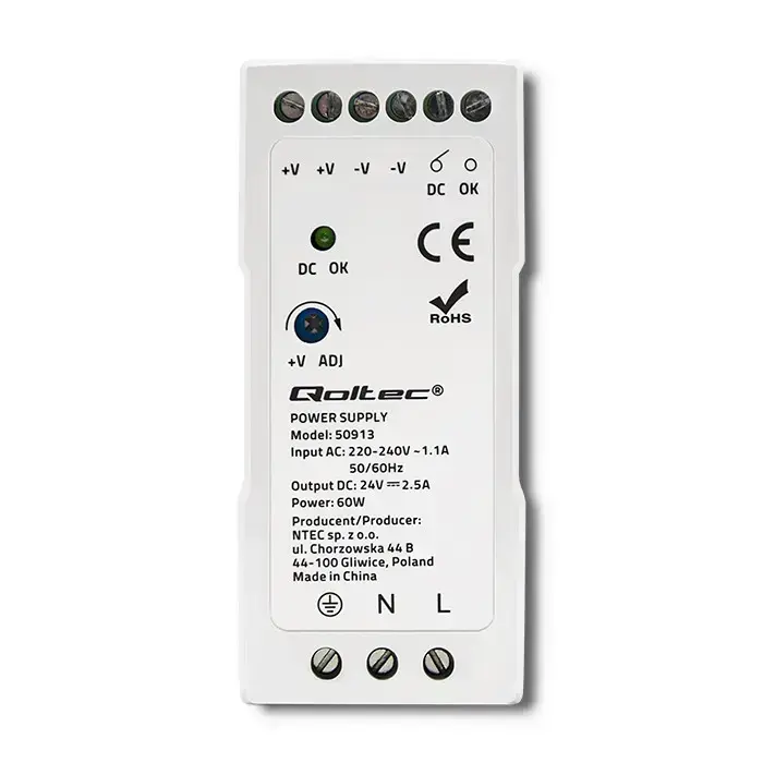 Qoltec DIN rail power supply | 60W | 24V | 2.5A | White | Slim Foto 2